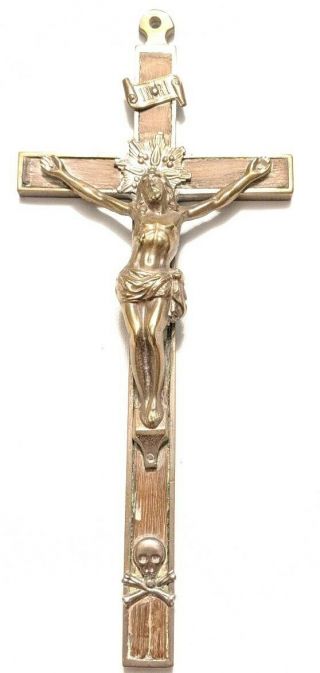 Antique Brass Wood Inlay Pectoral Skull Crossbones Crucifix Sacred Heart