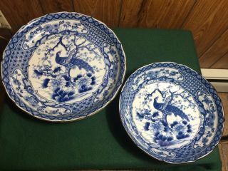 Lovely Vtg Toyo Japanese Peacock Ceramic Bowls Blue & White 12 " & 10 " W/ Label