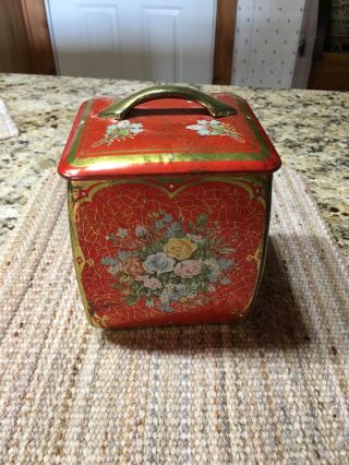 Vintage Shabby Floral Red Gold Candy Biscuit Tin W/ Lid Made In Western Germany