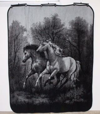 Vintage San Marcos Mexican Reversible Blanket Black Horses Size 82 " X 67 "