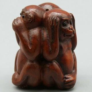 Hand Carved Japanese Boxwood Netsuke Three Wise Monkeys Wood Carving Figurine