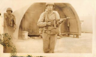 Vintage 1940s Snapshot Black White Photo Wwii Soldier Rifle Gun Barrack