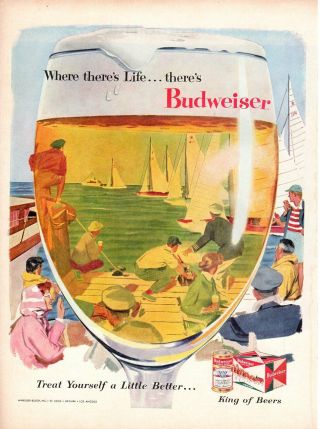 Vintage Advertising Print Alcohol Budweiser Beer Sail Boat Race Art 1956 Ad