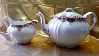 Antique Limoges A.  Lanternier France Teapot & Creamer,  Gold Trim