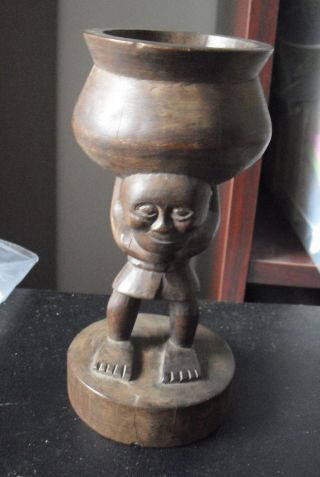 Vintage Hand Carved Wood African Tribal Man With Pot Figurine 6 " Tall