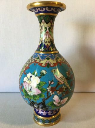 Antique / Vintage Chinese Cloisonne Enamel Vase Birds Floral Flowers