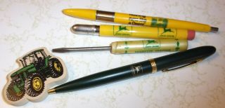 Variety of JD items.  screw driver,  pens,  playing cards & bullet pencil 3