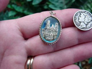 Vintage VIRGIN OF CARMEL Mary Jesus Catholic BUBBLE PENDANT medal charm - blue 2