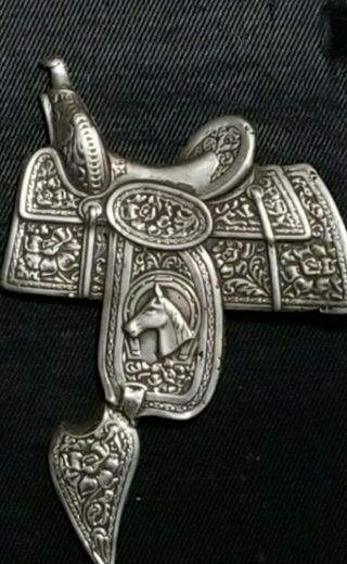 Vintage Western Horse Saddle Cowgirl Cowboy Sterling Silver Pin Brooch Ornate