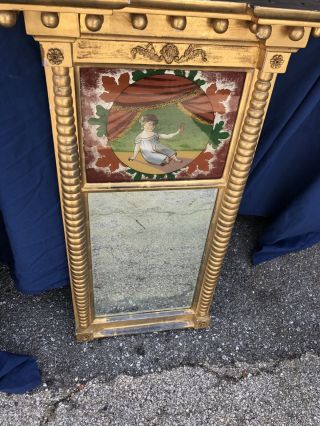 Antique Federal Gold Gilt Split Column Mirror W/reverse Painting Of Little Girl