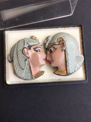 Vintage 1930s Egyptian Revival Nefertari And Pharaoh Enamel Metal Clip Earrings