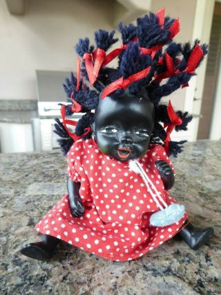 Vintage Black Americana Jointed Bisque Baby Girl Doll Braids Red Polka Dot Dress