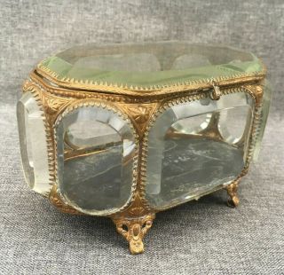 Big Antique Napoleon Iii French Jewelry Box Brass Repousse Glass 19th Century