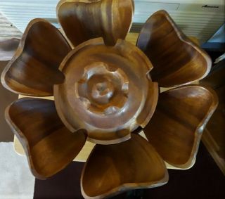 Lotus Flower Monkey Pod Wooden Bowl And Serving Bowls Lazy Susan Vintage Hawaii
