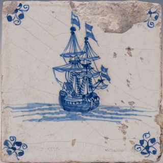 Dutch Delft Blue Tile,  V.  O.  C.  Ship,  17th.  Century.