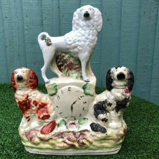 Mid 19thc Staffordshire Spaniels & Poodle Dog To Top With Clock Face C1850s