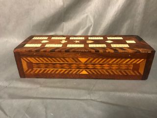 Antique Vintage Handmade Cribbage Board Box With Bone Inlays And Marquetry
