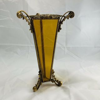 Vtg Ormolu Gold Gilt Bronze Filigree & Beveled Amber Glass Vase