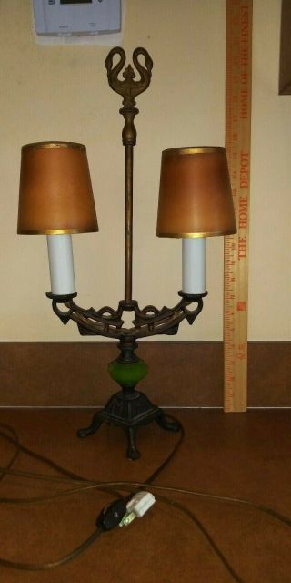 Antique Iron & Green Jadeite Art Deco Double Candelabra Table Lamp