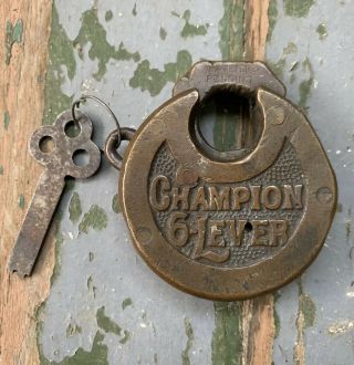 Antique Miller Lock Co Philadelphia Brass Champion 6 Lever Lock Pancake Padlock