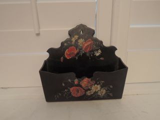 Victorian Antique Paper Mache Black Lacquer Mail Wall Pocket Poppies