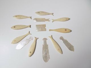 13 Antique Chinese Fish Gaming Counters Made Of Bone And Mother Of Pearl Mop