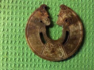 Chinese Antique Carved Jade Jadite Pendant Brown 48gm Estate Dragons " Bi " Figure