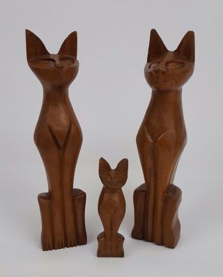 Vintage Wooden Cat Hand Carved Siamese Wood Mid Century Modern Sculptures