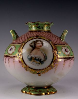 Antique Hand Painted Double Handle Woman & Floral Motif Porcelain Vase
