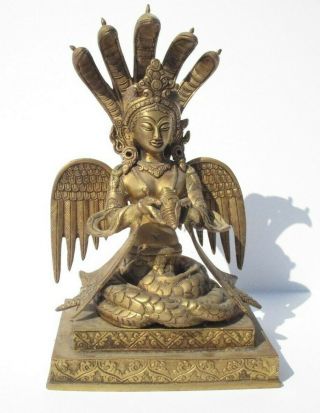Metal Sculpture Icon Vintage Tibetan Hindu Statue Naga Kanya Snake 12 " Winged