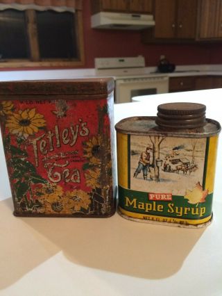 Antique Tetley Tea Tin Litho Can Vintage Flower Sunflower Brand And Maple Syrup