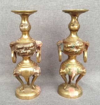 Antique Candlesticks Made Of Brass Asian ? China ? Really Heavy