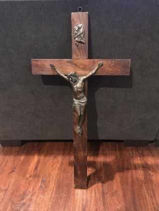 Gorgeous Antique 19th Century Wood Cross Crucifix Metal Jesus 15 " Wall Hanging