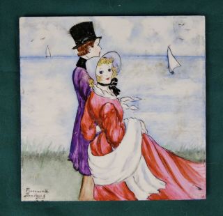 Antique 19th Century Victorian Hand Painted Tile Of Romantic Couple Signed