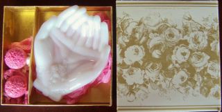 Vintage 1970s Avon " Touch Of Beauty " Milk Glass Dish,  1 Oz Soaps (2) Gift Set