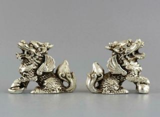 Handwork Old Tibet Silver Carved Pair Myth Kylin Exorcism Decor Statue /ta02a