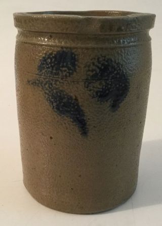 Antique 8 1/2” Tall Salt Glazed Blue Decorated Stoneware Jar