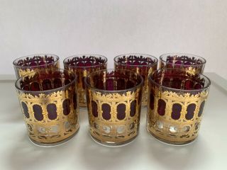 7 Mid Century Vintage Culver 22k Gold & Cranberry Scroll Low Ball Glasses