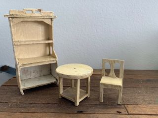 Antique German Dollhouse Miniature Gottschalk? White Kitchen Hutch Chair Table