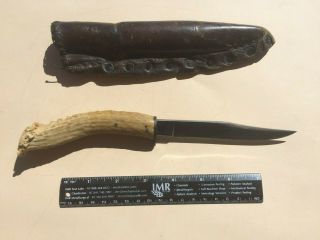Vintage Stag Handle Fixed Blade Knife.  4.  7/8 " Blade From England.  Leather Sheath