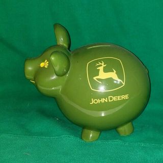 John Deere Ceramic Piggy Bank Smiling Pig Green & Yellow Logo On 2 Sides