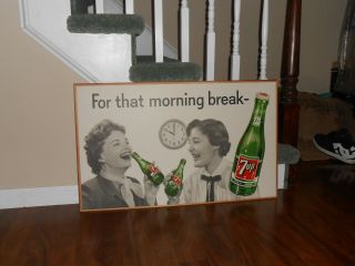 Large 1955 Vintage 7 Up Cardboard Sign Store Display Soda For That Morning Break