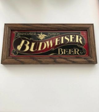 Vintage Advertisement Budweiser Beer Sign Rare 14” X 6” Wood Frame Glass Face