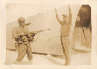 Vintage 1940s Snapshot Black White Photo Wwii Soldier Gun Hands Up Play