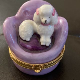White Poodle In Purple Dog Bed Trinket Box Takahashi