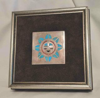 Vtg Zuni Frank Vacit Silver Inlay Sunface Plaque Collectible Jewelry Frame Box