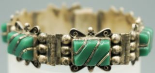 Vintage Taxco Mexico Sterling Silver & Green Onyx Hallmarked Bracelet 421