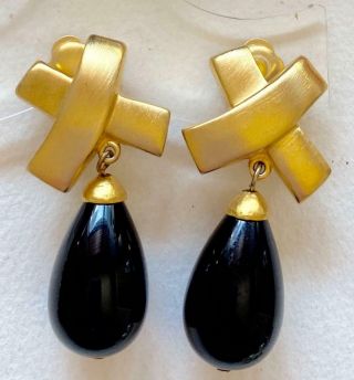 Valentino Vintage Earrings Golden Bows & Black Resin Drops Haute Couture