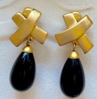 VALENTINO Vintage Earrings Golden Bows & Black Resin Drops Haute Couture 3