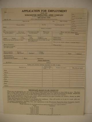 Early Vintage Winchester Application For Employment From Factory